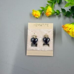 Genuine Hematite Stone Vintage Heart Clip On Earrings with Crystal Accents
